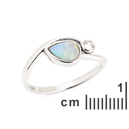 Natural drop white Australian opal ring, rhodium-plated 925 silver, 7x5 mm