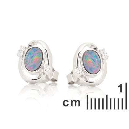 Oval blue doublet opal stud earrings, rhodium-plated 925 silver, 7x5 mm
