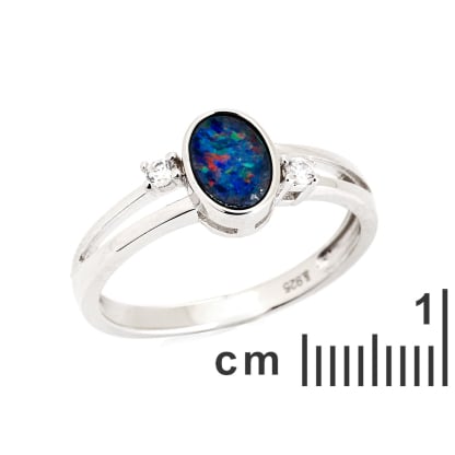 Australischer Dublettenopalring blau oval, 925 Silber rhodiniert, 7x5 mm