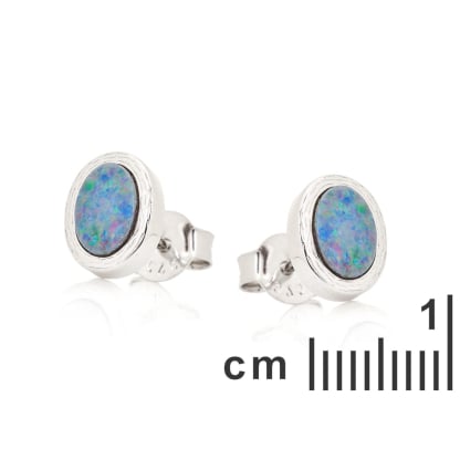 Cercei opal dublet australian albastru oval, argint rodiat 925, 7x5 mm
