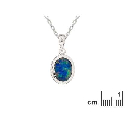 Oval blue Australian doublet opal pendant, rhodium-plated 925 silver, 8x6 mm