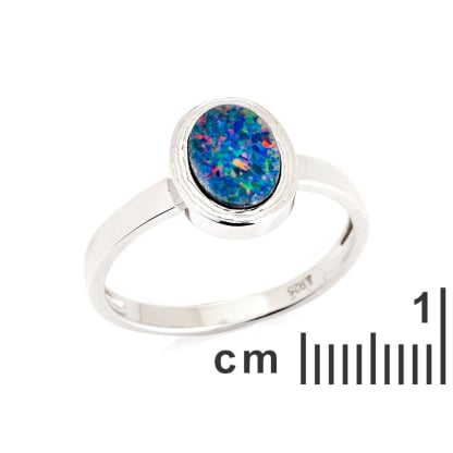 Inel opal dublet australian albastru oval, argint rodiat 925, 8x6 mm