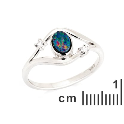 Oval mavi Avustralya dublet opal yüzük, rodyum kaplama 925 gümüş, 6x4 mm