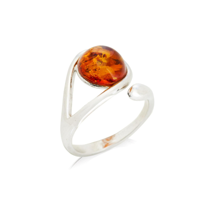 Bague avec ambre cognac rond de la mer Baltique, argent rhodié 925, 1,5x2 cm