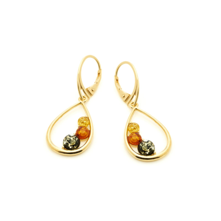 Cercei lungi chihlimbar baltic multicolor rotund natural, argint aurit 925, 7 mm