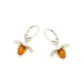 Orecchini pendenti ape in ambra cognac marquise, argento rodiato 925, 7x8 mm