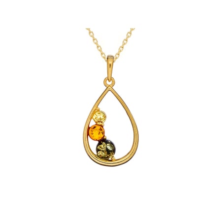Natural round multi-colored Baltic amber pendant, gold-plated 925 silver, 7 mm