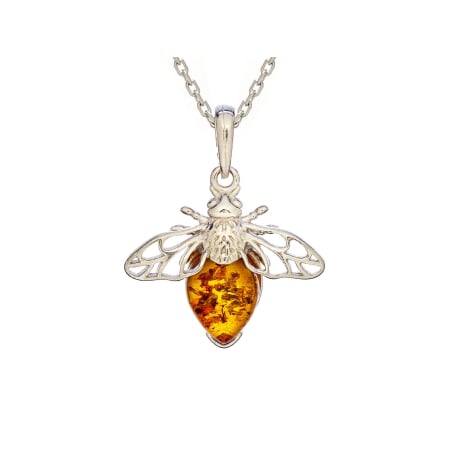 Pendentif abeille avec ambre cognac navette, argent rhodié 925, 9x10 mm