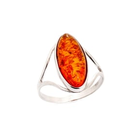 Bague avec ambre cognac navette de la mer Baltique, argent rhodié 925, 6x16 mm