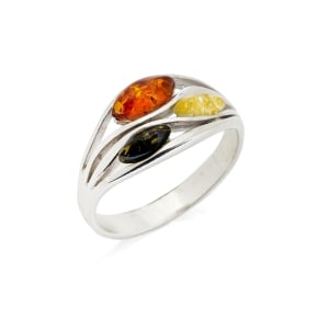 Bague avec ambre multicolore navette de la Baltique, argent rhodié 925, 2x1 cm