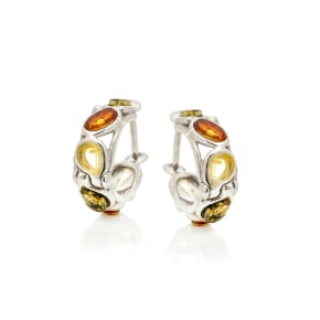 Boucles d'oreilles créoles avec ambre multicolore, argent rhodié 925, 3x5 mm
