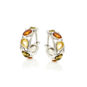 Orecchini a cerchio in ambra multicolore marquise, argento rodiato 925, 3x5 mm