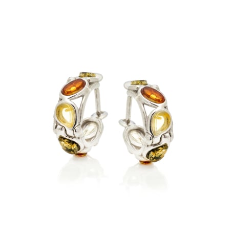 Boucles d'oreilles créoles avec ambre multicolore, argent rhodié 925, 3x5 mm