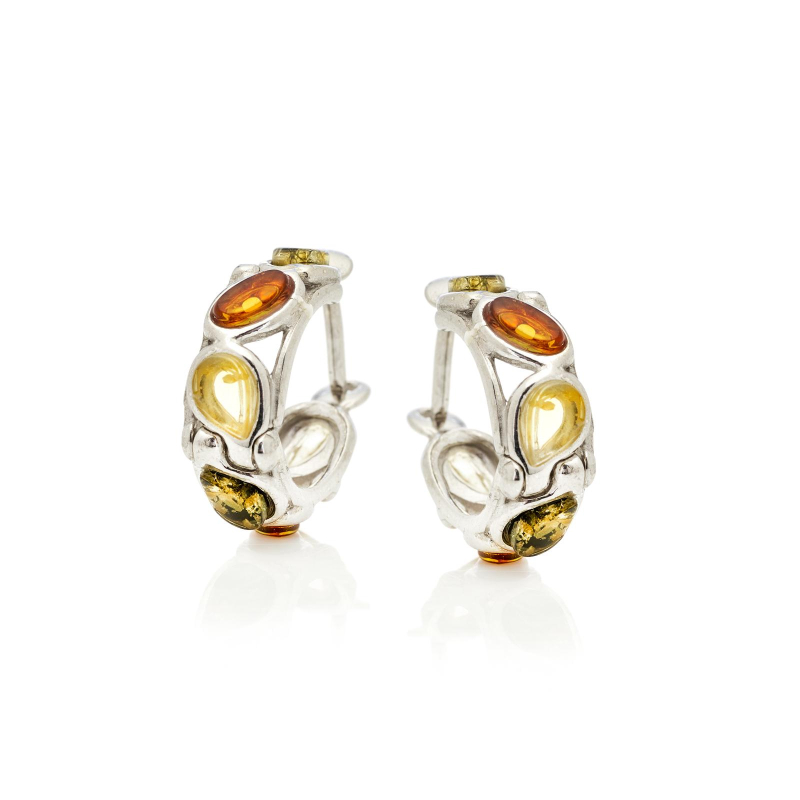Argolas de âmbar báltico multicolor marquise natural, prata rodiada 925, 3x5 mm