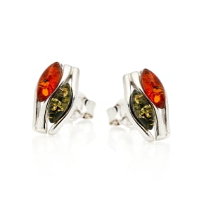 Clous d'oreilles avec ambre multicolore navette, argent rhodié 925, 4x8 mm