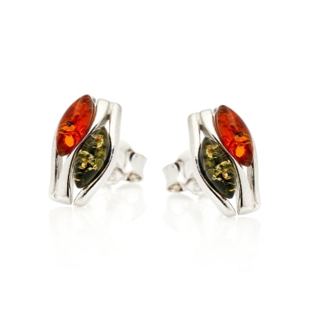 Clous d'oreilles avec ambre multicolore navette, argent rhodié 925, 4x8 mm