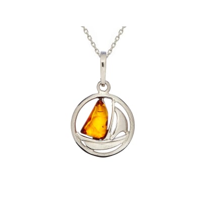 Ciondolo barca in ambra baltica cognac irregolare naturale, argento rodiato 925
