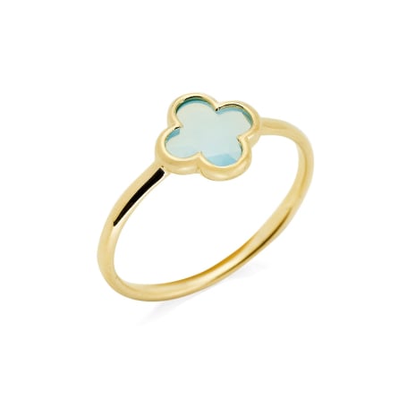 Chalcedonring blau Kleeblatt gefärbt, 925 Silber vergoldet, 1x1 cm
