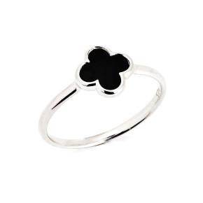 Anillo de ónix negro trébol natural, en plata rodiada 925, 1x1 cm