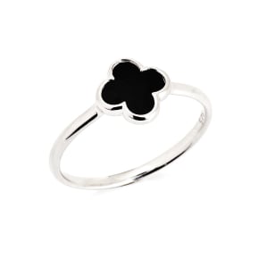 Onyxring schwarz Kleeblatt natur, 925 Silber rhodiniert, 1x1 cm
