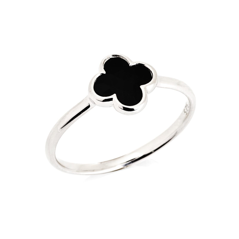 Inel onix negru trifoi natural, argint rodiat 925, 1x1 cm