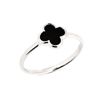 Anillo de ónix negro trébol natural, en plata rodiada 925, 1x1 cm