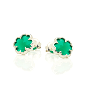 Pendientes de botón trébol de ónix verde natural, en plata rodiada 925, 8 mm