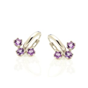 Natural round purple amethyst hoop earrings, rhodium-plated 925 silver, 3 mm