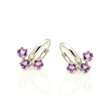 Boucles d'oreilles créoles avec améthyste violette, argent rhodié 925, 3 mm