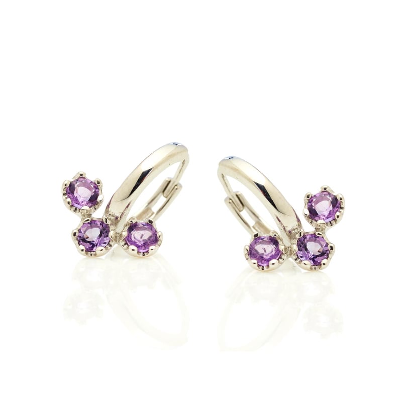 Boucles d'oreilles créoles avec améthyste violette, argent rhodié 925, 3 mm