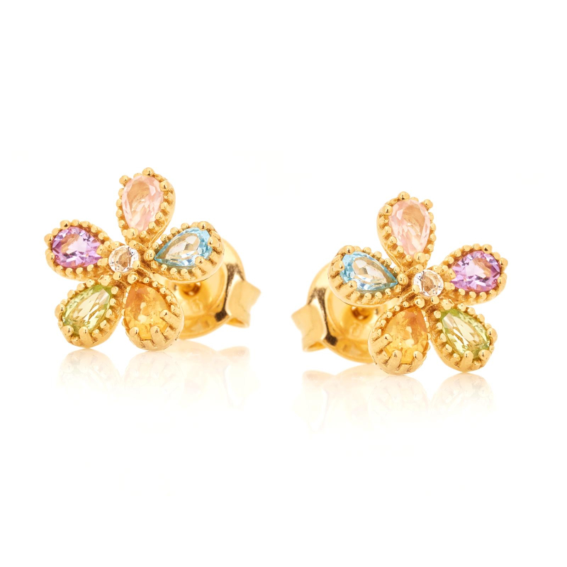 Multi-colored multi-stone flower stud earrings, gold-plated 925 silver, 2x3 mm