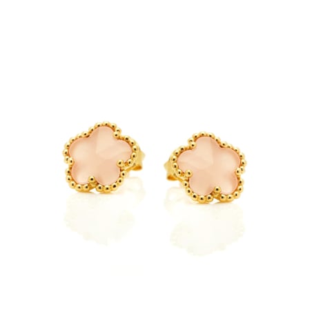 Pendientes de botón flor de 5 pétalos de cuarzo rosa, plata dorada 925, 8 mm