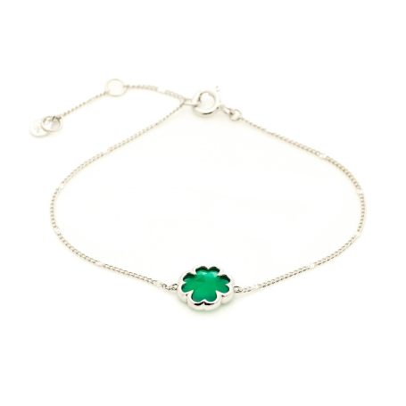 Pulsera trébol de ónix verde natural, en plata rodiada 925, 15,5+1,5+1,5 cm
