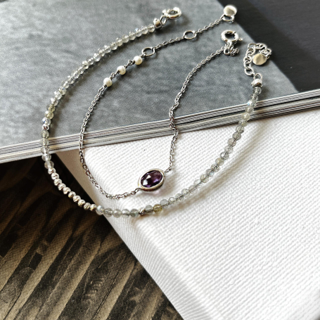 Pulsera de amatista violeta ovalada natural, plata rodiada 925, 15,5+1,5+1,6 cm