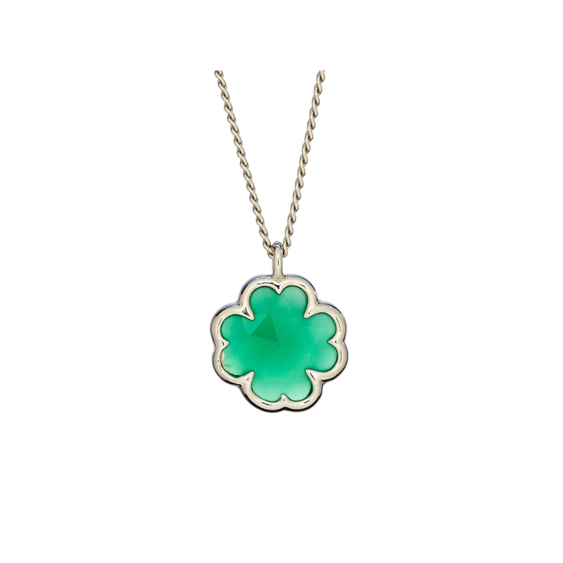 Colar trevo de ónix verde natural, em prata rodiada 925, 42+3 cm
