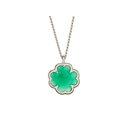 Colar trevo de ónix verde natural, em prata rodiada 925, 42+3 cm