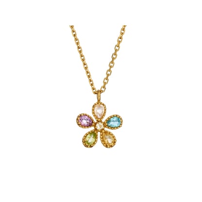 Collar flor de multipiedra multicolor gota natural, en plata dorada 925, 42+3 cm