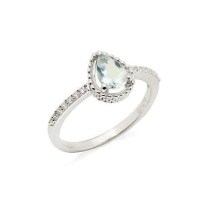 Anillo de aguamarina azul gota natural, en plata rodiada 925, 0,8x1 cm