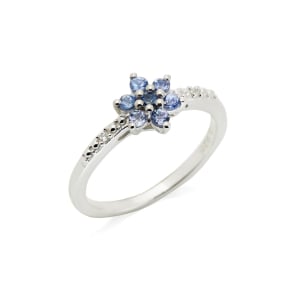 Natural round blue tanzanite flower ring, rhodium-plated 925 silver, 0.5x0.5 cm