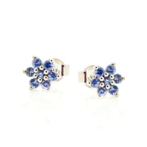 Round blue tanzanite flower stud earrings, rhodium-plated 925 silver, 2 mm
