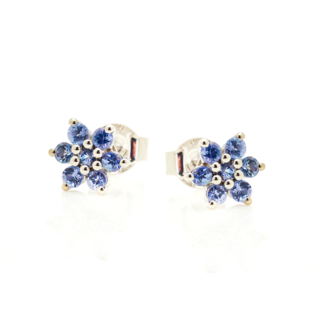 Round blue tanzanite flower stud earrings, rhodium-plated 925 silver, 2 mm