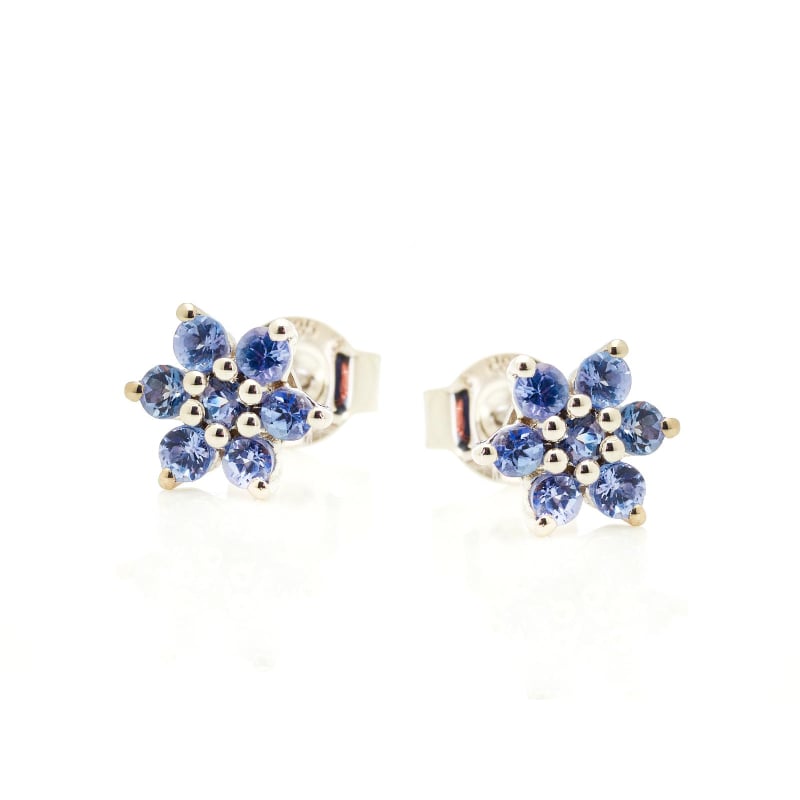 Round blue tanzanite flower stud earrings, rhodium-plated 925 silver, 2 mm