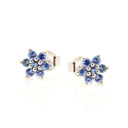 Pendientes de botón flor de tanzanita azul redonda, plata rodiada 925, 2 mm