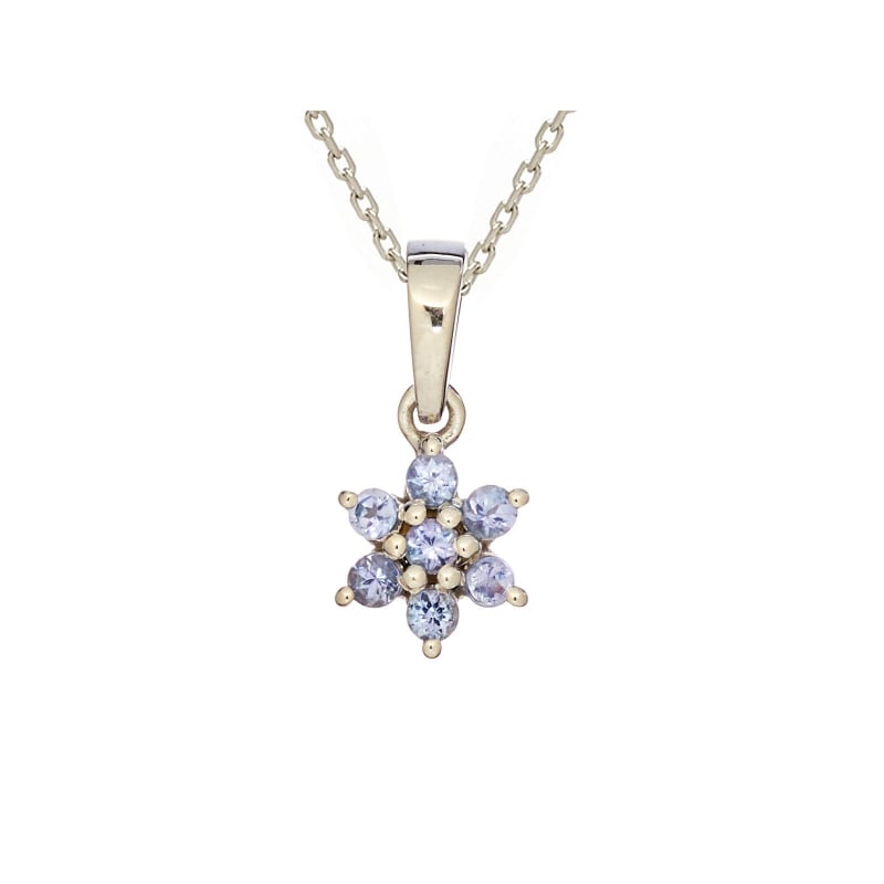 Natural round blue tanzanite flower pendant, rhodium-plated 925 silver, 2 mm