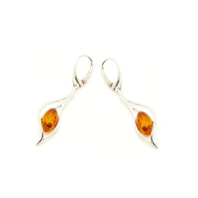 Oval cognac Baltic amber dangle earrings, rhodium-plated 925 silver, 10x15 mm