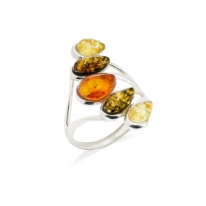 Natural drop multi-colored Baltic amber ring, rhodium-plated 925 silver, 2x3 cm