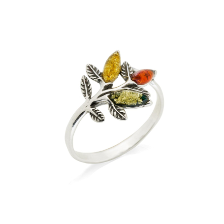 Marquise multi-colored Baltic amber leaves ring, oxidized 925 silver, 1.5x2 cm
