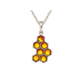 Round cognac Baltic amber honeycomb pendant, rhodium-plated 925 silver, 5 mm