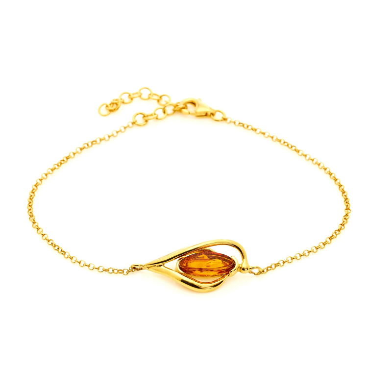 Bracciale in ambra baltica cognac ovale naturale, in argento dorato 925, 16+3 cm