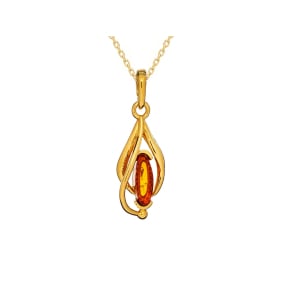 Natural oval cognac Baltic amber pendant, gold-plated 925 silver, 5x10 mm
